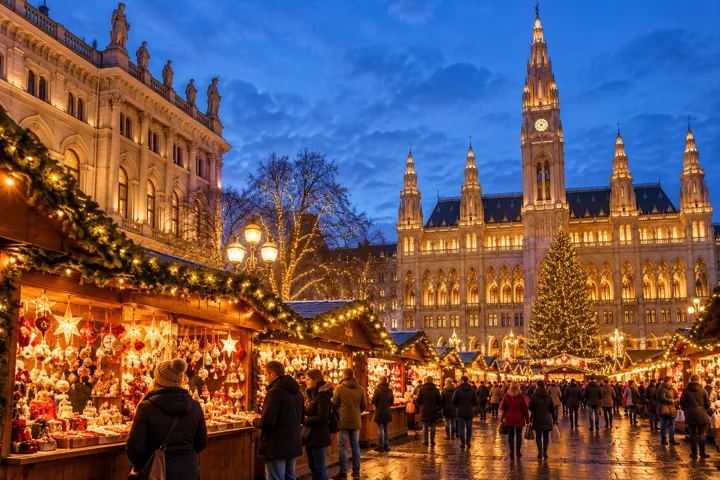 Festive European Christmas market with glowing stalls — destination illustration