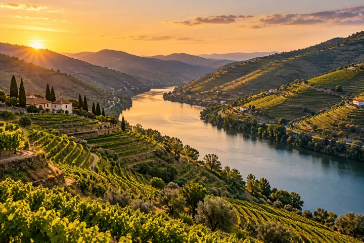 Terraced vineyards along Portugal's Douro River — destination illustration