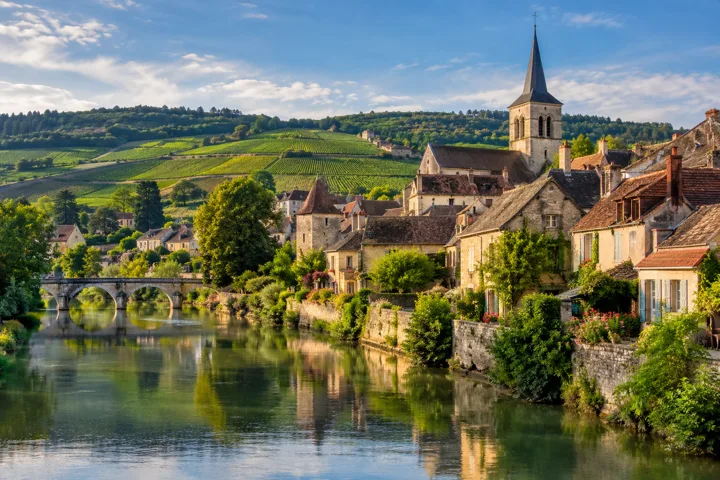French riverside village and vineyards — destination illustration