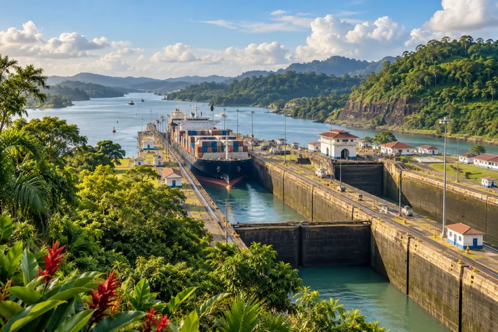 Panama Canal and tropical scenery — destination illustration